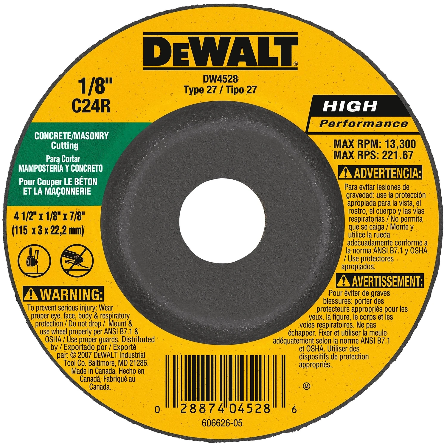 High Performance 4-1/2 In. X 1/8 In. X 7/8 In. Masonry Cut-off Wheel