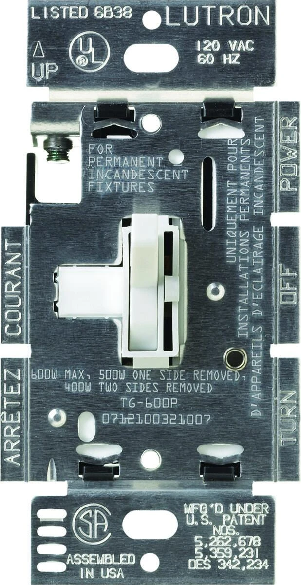 Toggler 600w Single-pole Toggle Dimmer Switch, White, Model Tg-600ph-wh, 1 Pk