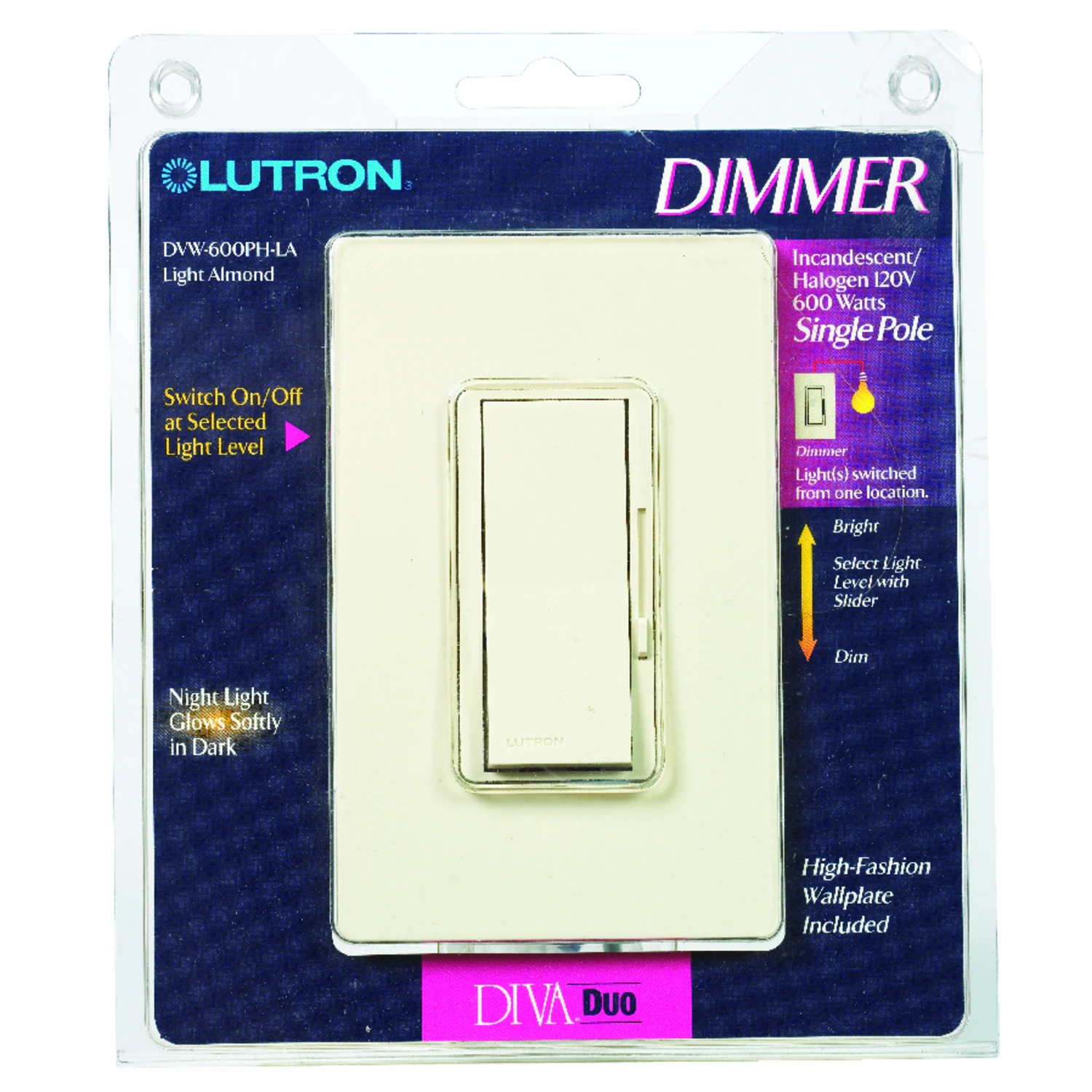 Diva 600w Slide Dimmer Switch, Light Almond, Single Pole, Includes Wall Plate, 1 Pk