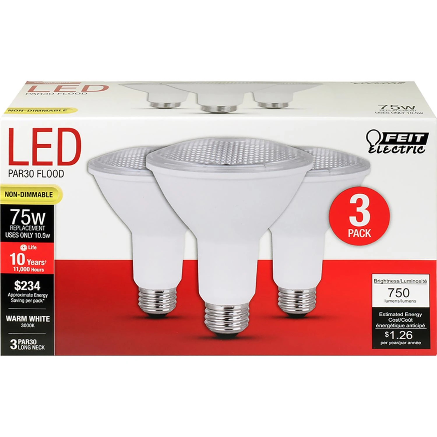 Feit Electric PAR30L75/10KLED/3 LED Lamp, Flood/Spotlight, PAR30 Lamp, 75 W Equivalent, E26 Lamp Base, Warm White Light