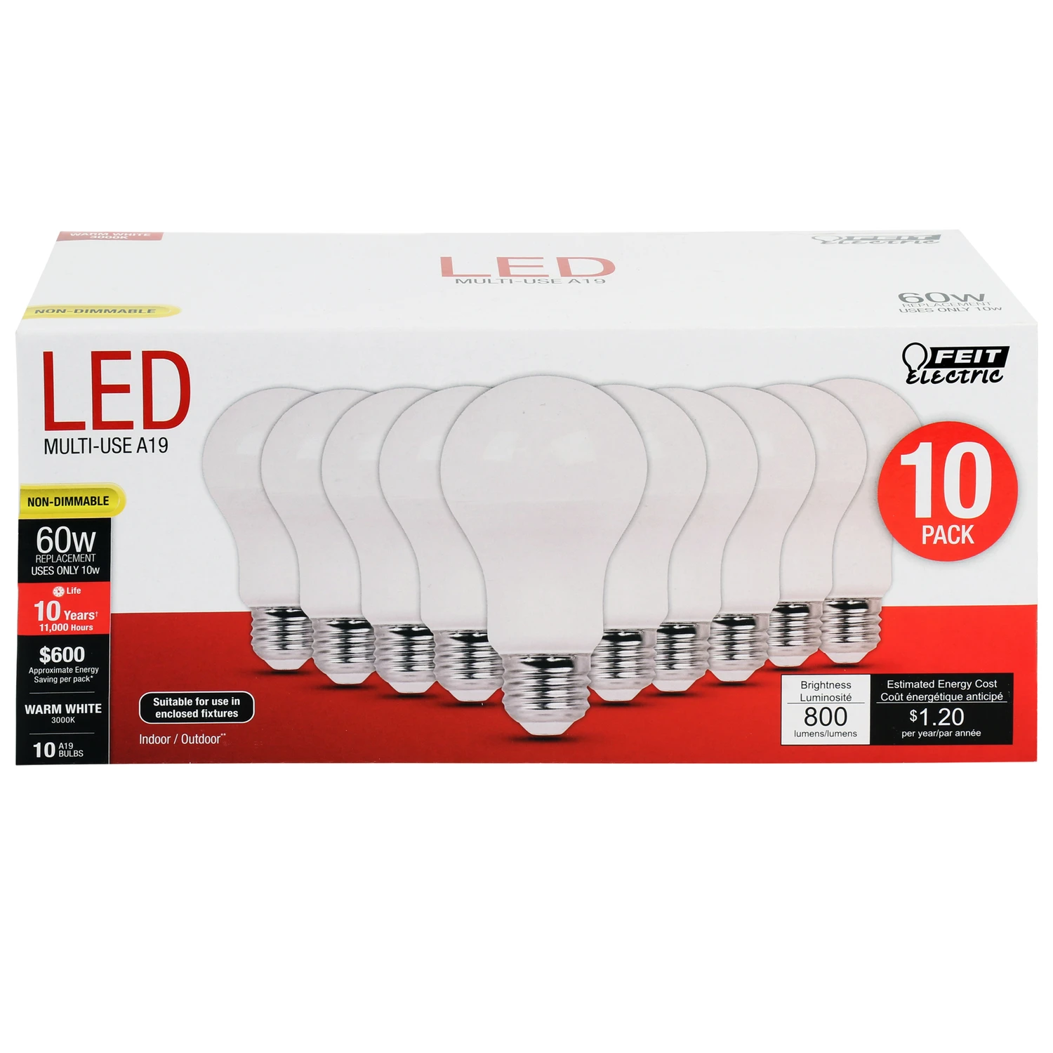 FEIT Electric 10 watts A19 LED Bulb 800 lumens Warm White A-Line 60 Watt Equivalence