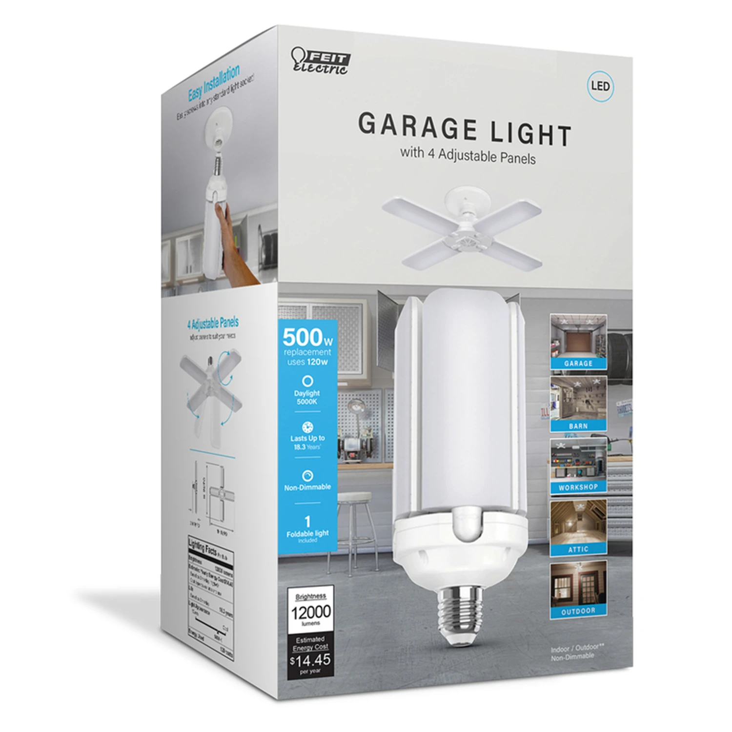 Frosted LED Garage Light Bulb, 4 Foldable Light Panels, 120-Watts