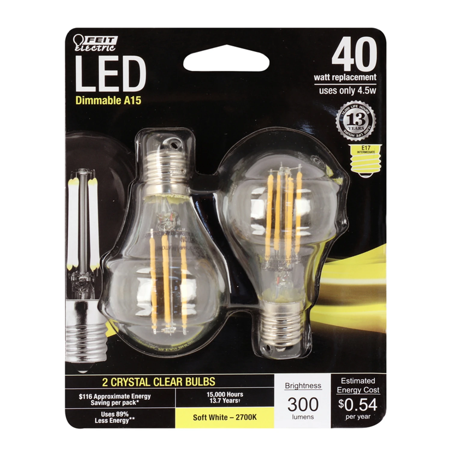 FEIT Electric Performance A15 E17 (Intermediate) LED Bulb Soft White 40 Watt Equivalence 2 pk