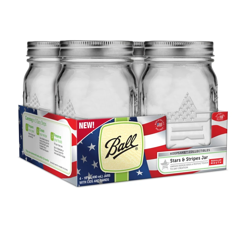 Ball Keepsake USA Stars and Stripes Regular Mouth Canning Jars 1 pt 4 PK