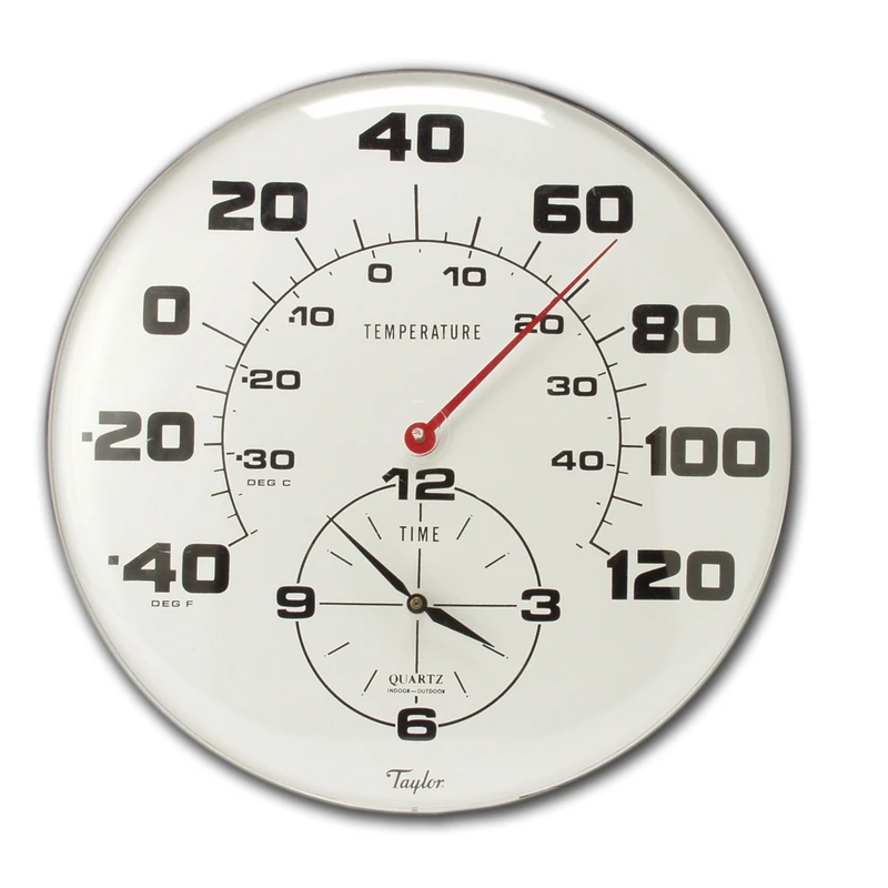 Taylor 162 18-inch Metal Clock And Thermometer With Fahrenheit And Celsius Scales