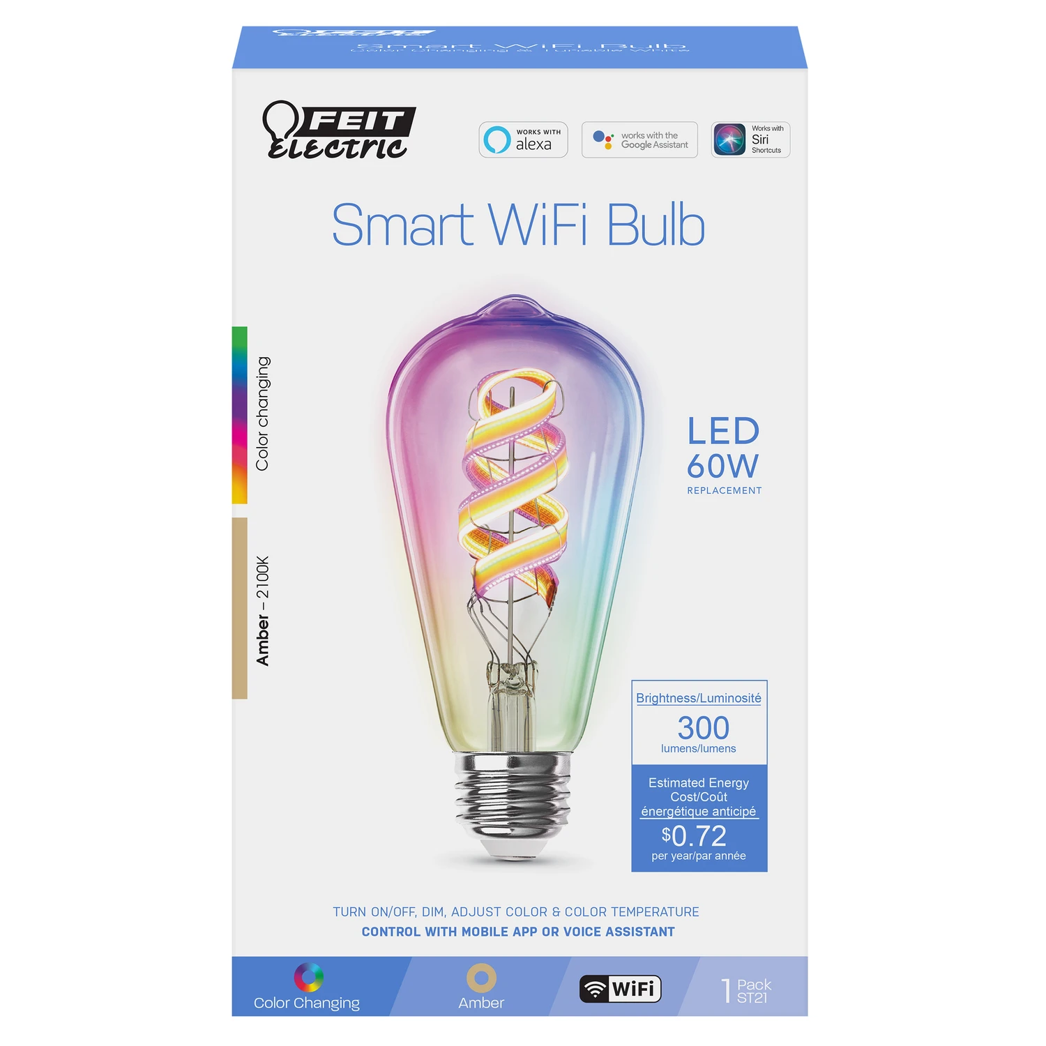 3008394 ST21 E26 Medium LED Smart Bulb Amber 60 watts Equivalence