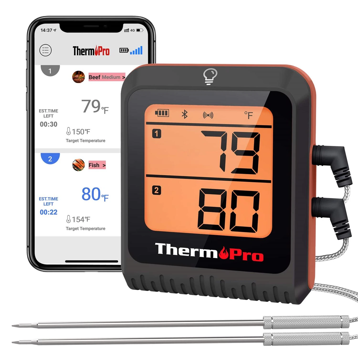 8083573 LCD Bluetooth Enabled Grill & Meat Thermometer&#44; Orange