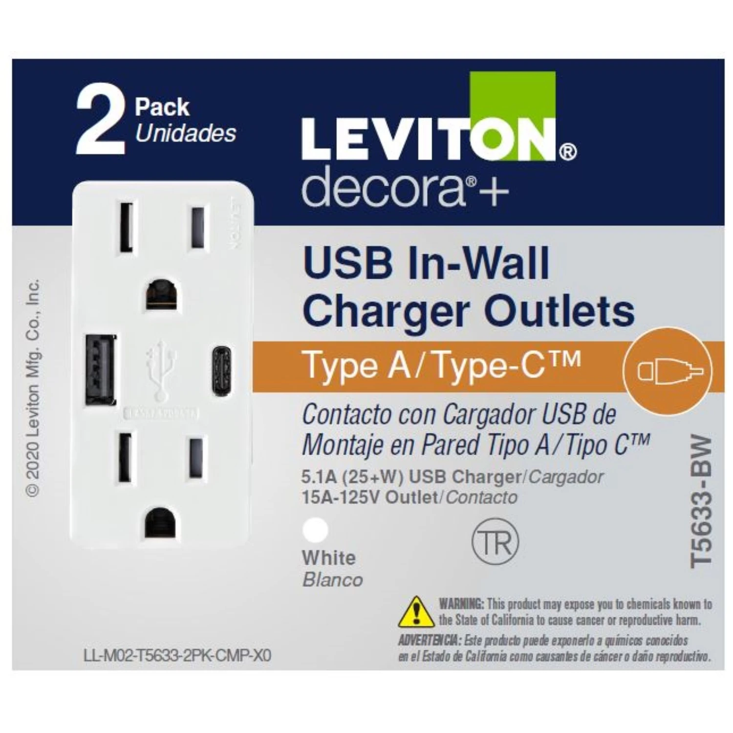 Leviton 3006770 15 amps 5-15 R Decora Duplex&#44; Type A&#44; Type C White Outlet & USB Charger - Pack of 2