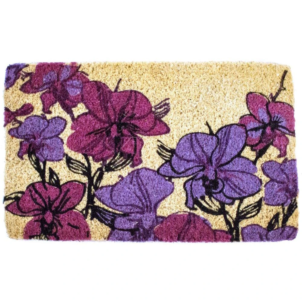 Hand Drawn Orchids 18 In. X 30 In. Hand Woven Coconut Fiber Door Mat