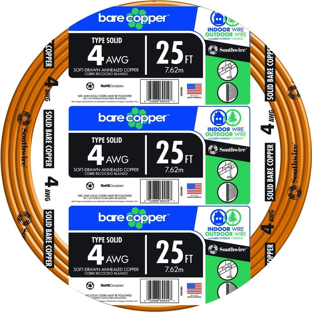 25 Ft. 4 Awg Solid Bare Copper Ground Electrical Wire