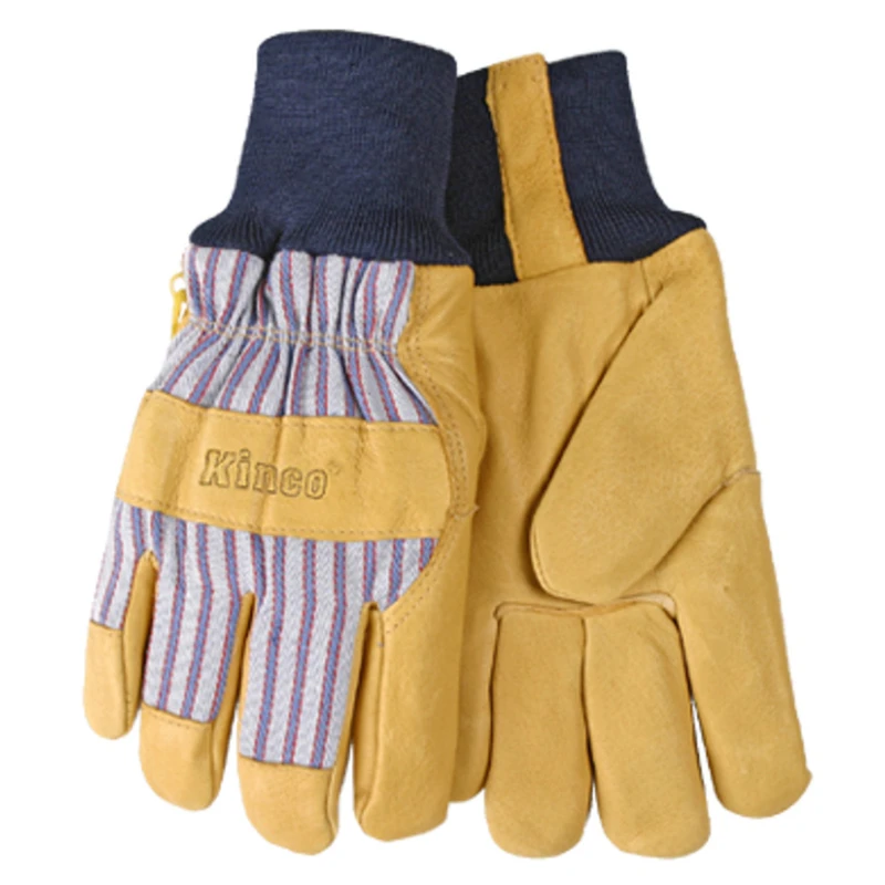 Men's Outdoor Knit Wrist Work Gloves, Grain Pigskin Leather Palm, Yellow, Extra Small