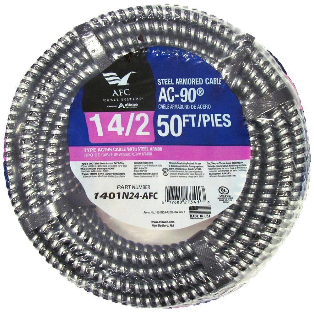 14/2 X 50 Ft. Bx/ac-90 Armored Electrical Cable, Steel Jacket