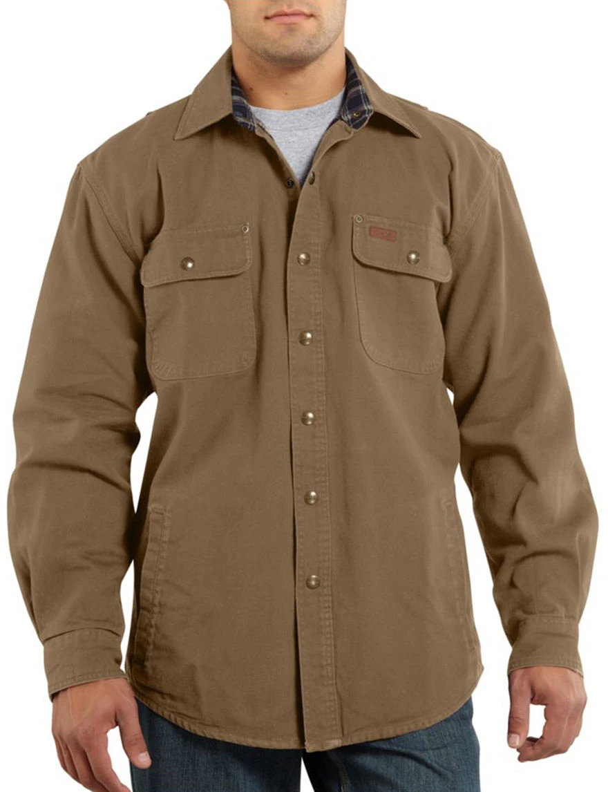 Men's Weathered Canvas Shirt Jac - Xxl Regular - Frontier Brown With Navy Plaid Lining