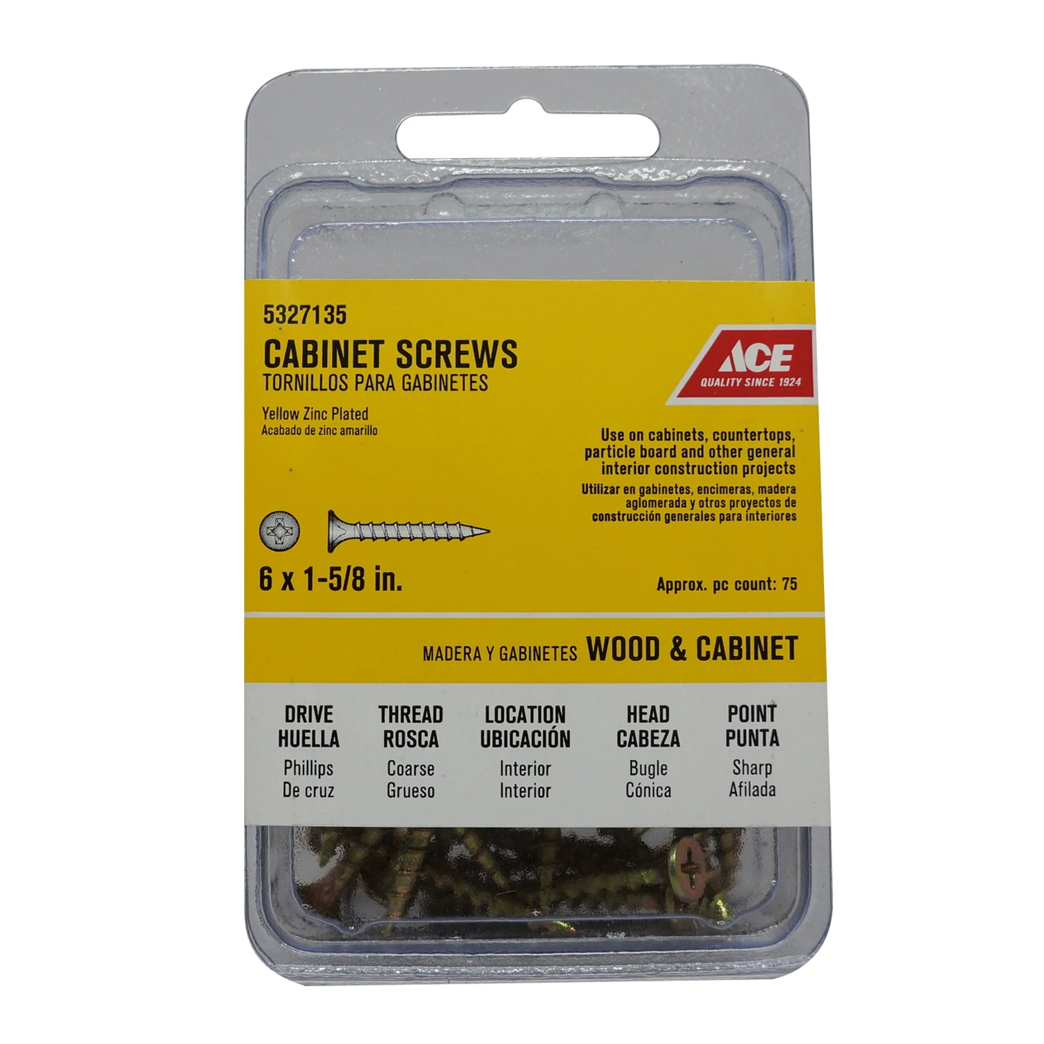 Ace No. 6 x 1-5/8 in. L Phillips Bugle Head Yellow Zinc-Plated Steel Cabinet Screws 75 pk