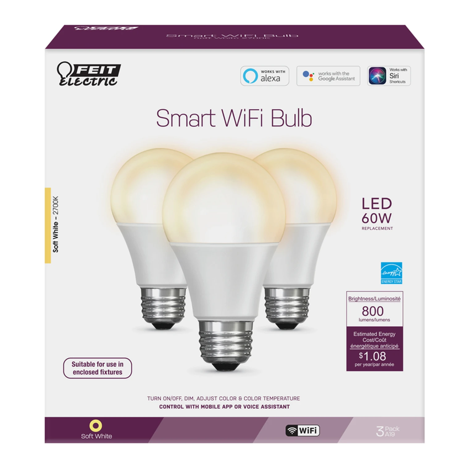3004002 60 watt Equivalence A19 E26 LED Smart Wi-Fi Bulb&#44; Soft White - Pack of 3