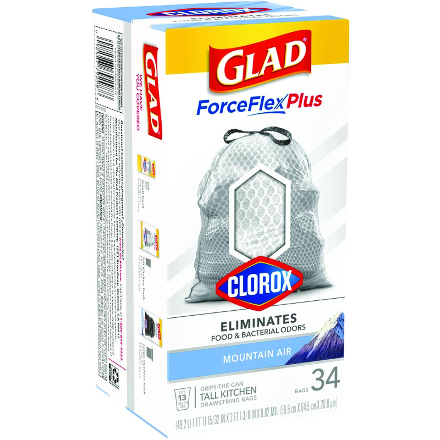 Glad ForceFlex 13 Gal. Mountain Air White Trash Bags Clorox Antimicrobial Tall Kitchen Drawstring (34-Count)
