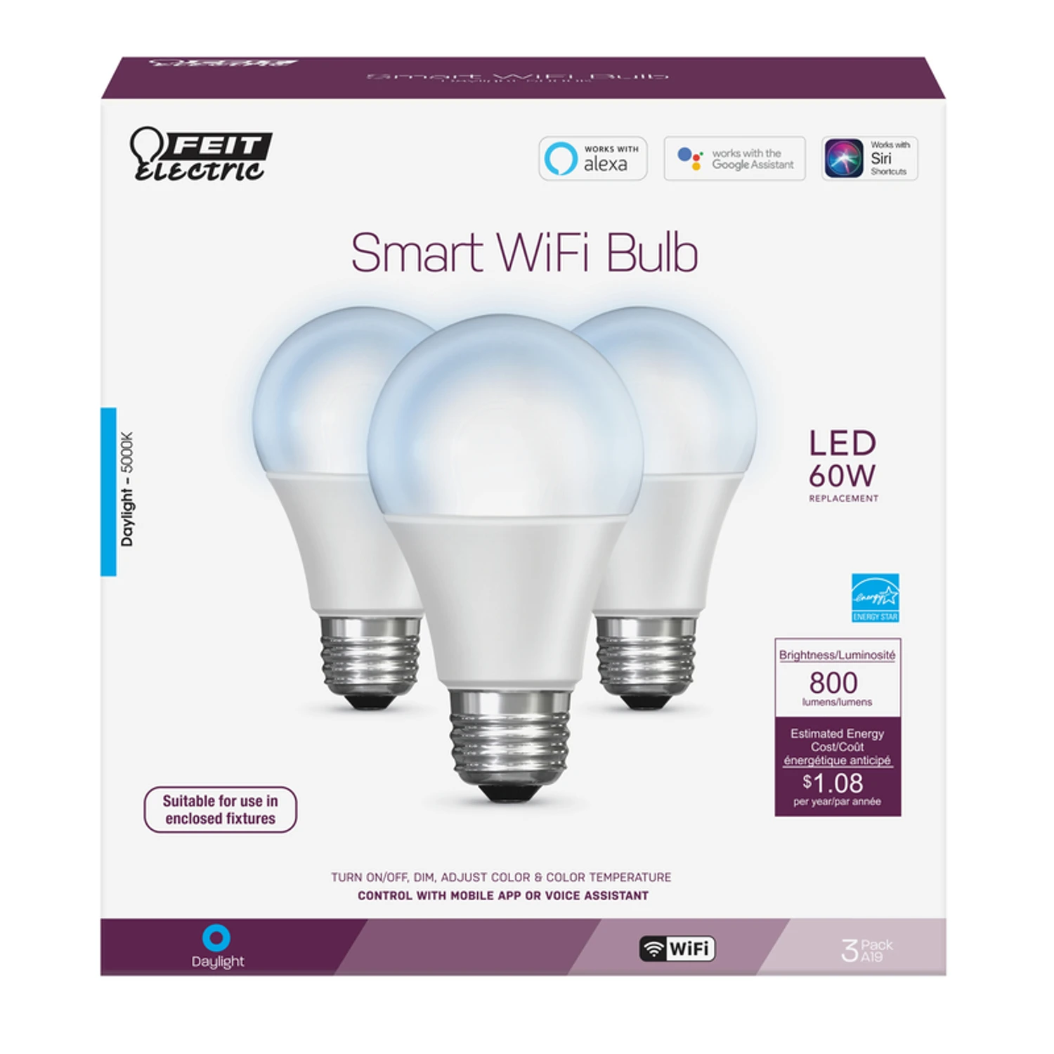 3004001 60 watt Equivalence Daylight A19 E26 LED Smart Wi-Fi Bulb - Pack of 3