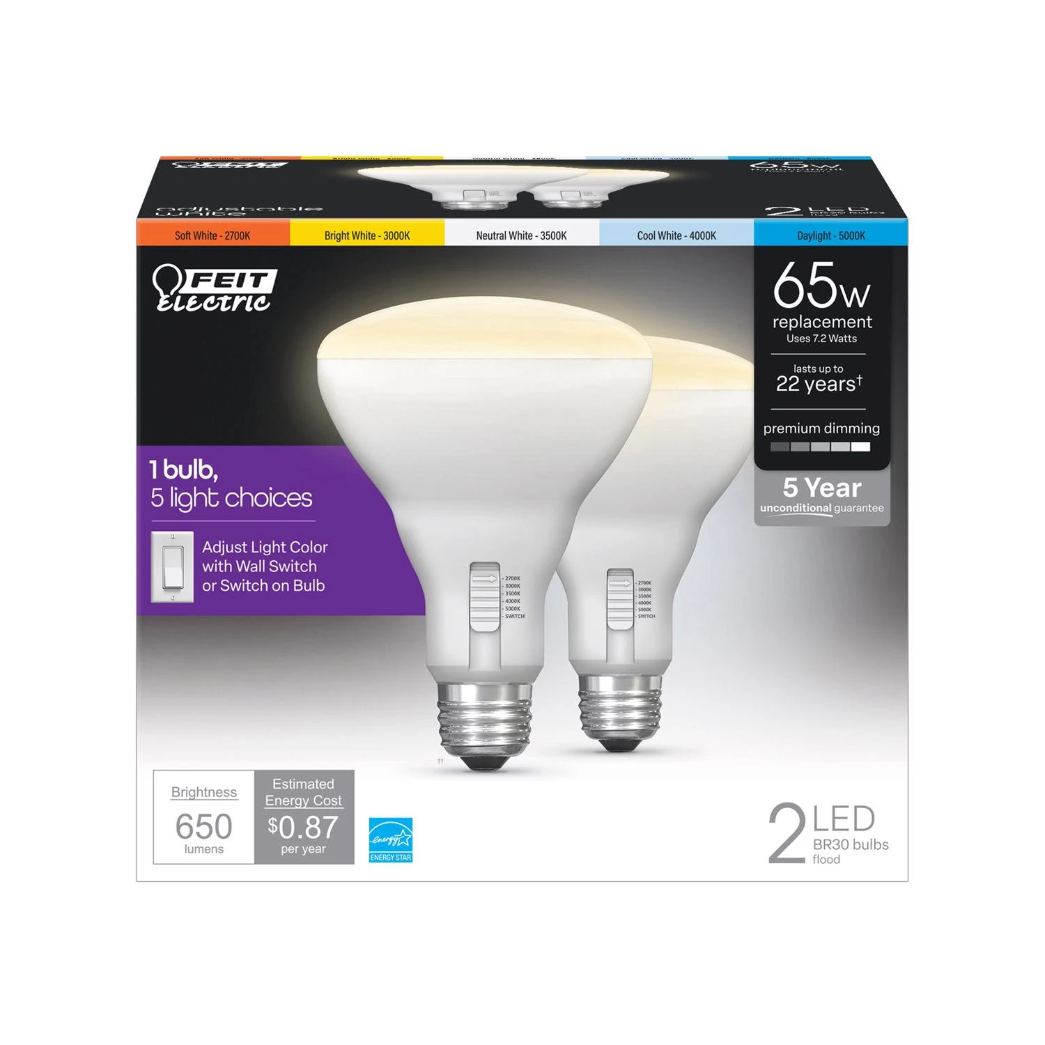 3011449 60 Watt Equivalence BR30 E26 Medium LED Light Bulb Tunable&#44; White & Color Changing - Pack of 2