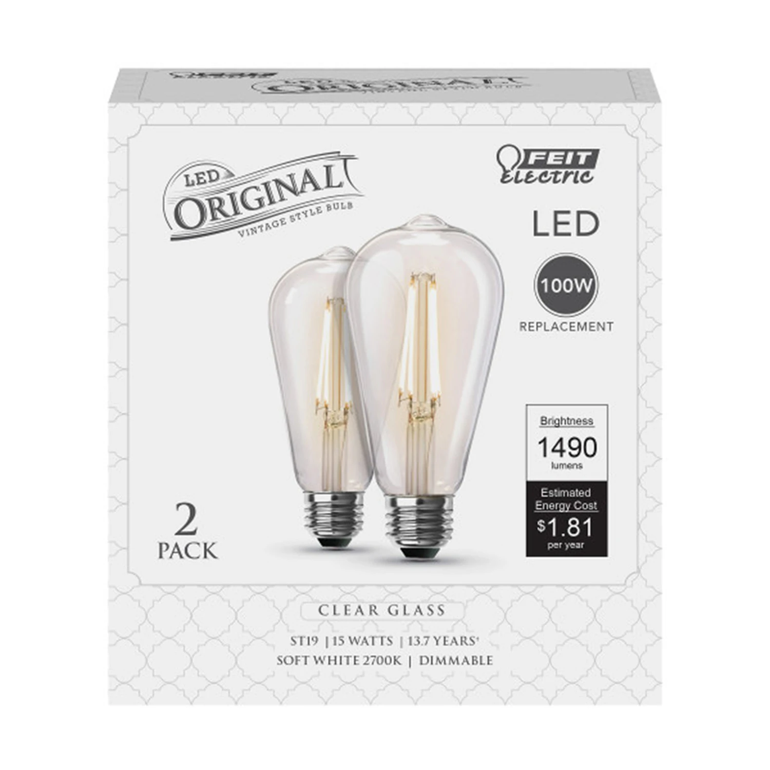 3008692 100W Equivalence ST19 E26 Medium Filament LED Bulb&#44; Soft White - Pack of 2