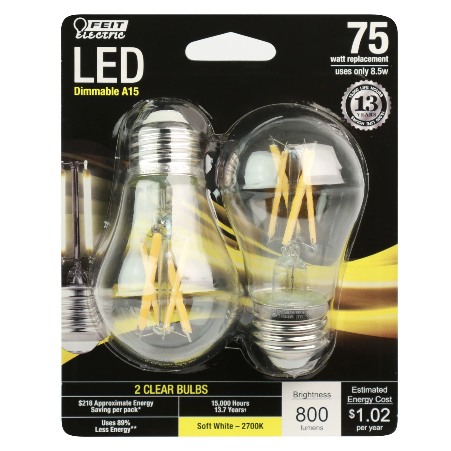 A15 E26 Filament Led Bulb Soft White 75w Equivalence 2 Pk - 800 Lumens