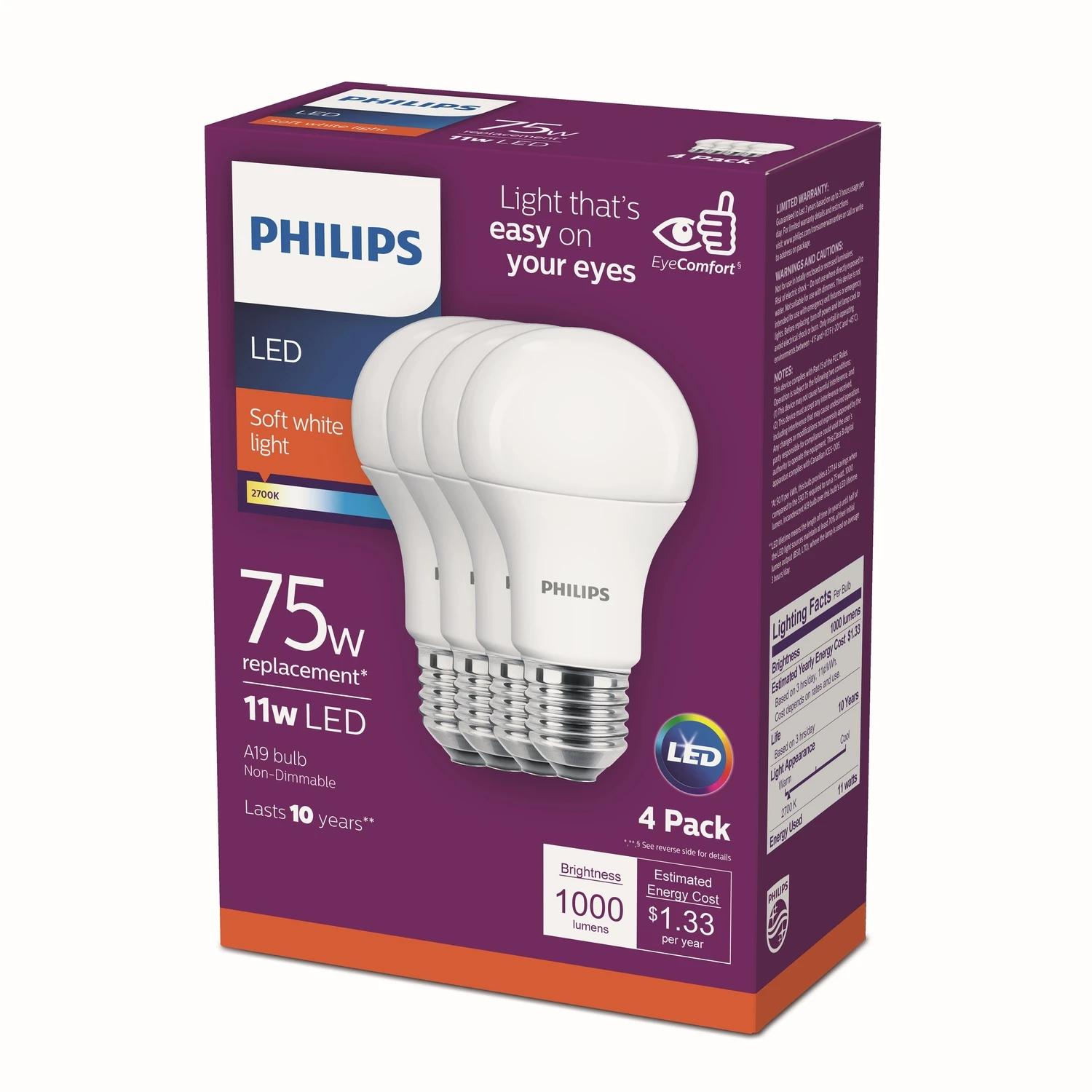 Philips EyeComfort 75W Equivalent Soft White A19 Medium LED Light Bulb (4-Pack)