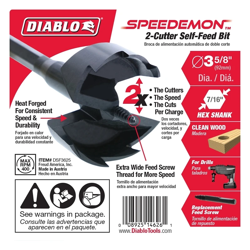 Diablo Speedemon 3-5/8 in. X 5-1/8 in. L Steel Self-Feed Bit Hex Shank 1 pk