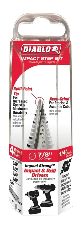Step Drill Bit with 12 Steps, Sizes 3/8 Inch to 7/8 Inch
