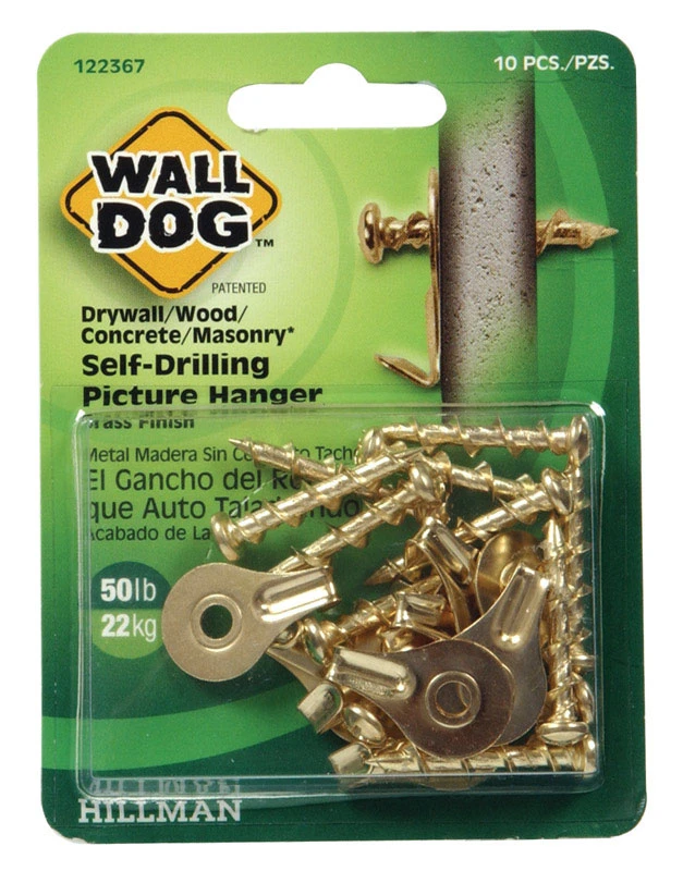 Hillman WALL DOG Brass-Plated Gold Self-Drilling Picture Hanger 50 lb 10 pk Hillman WALL DOG Brass-Plated Gold Self-Drilling Picture Hanger 50 lb 10 pk
