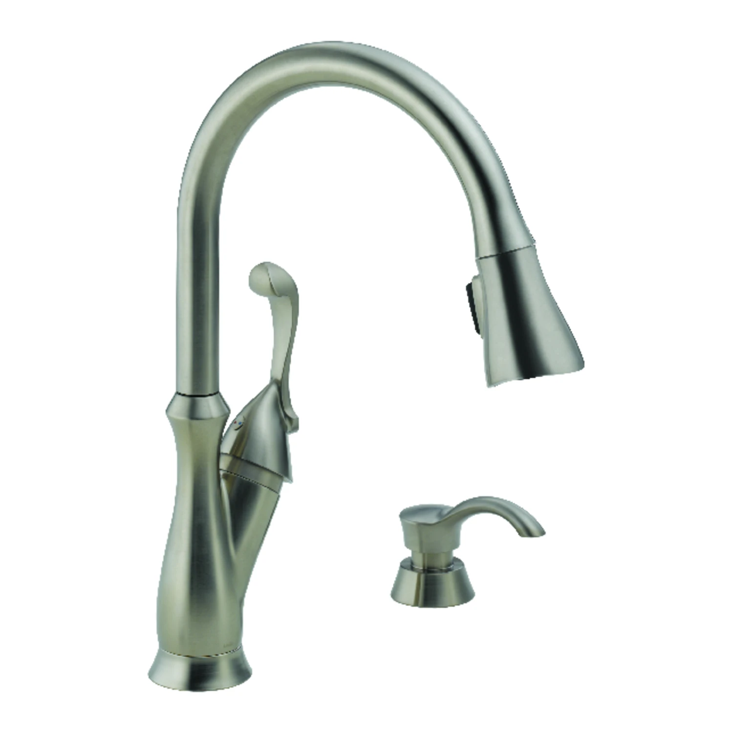 Arabella High Arc Single Handle Kitchen Faucet with Pull-Down ShieldSpray and Soap Dispenser in Stainless Steel