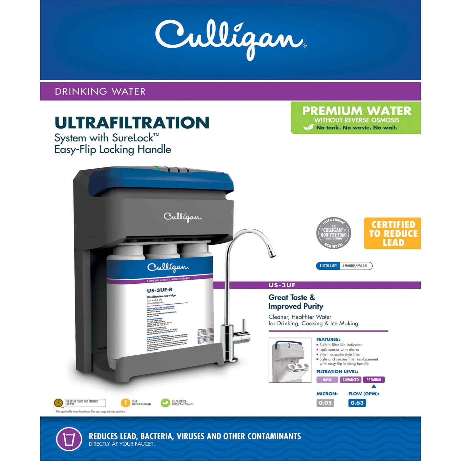 Us-3uf Under Sink Drinking Water Ultra Filtration System With Leak Sensor