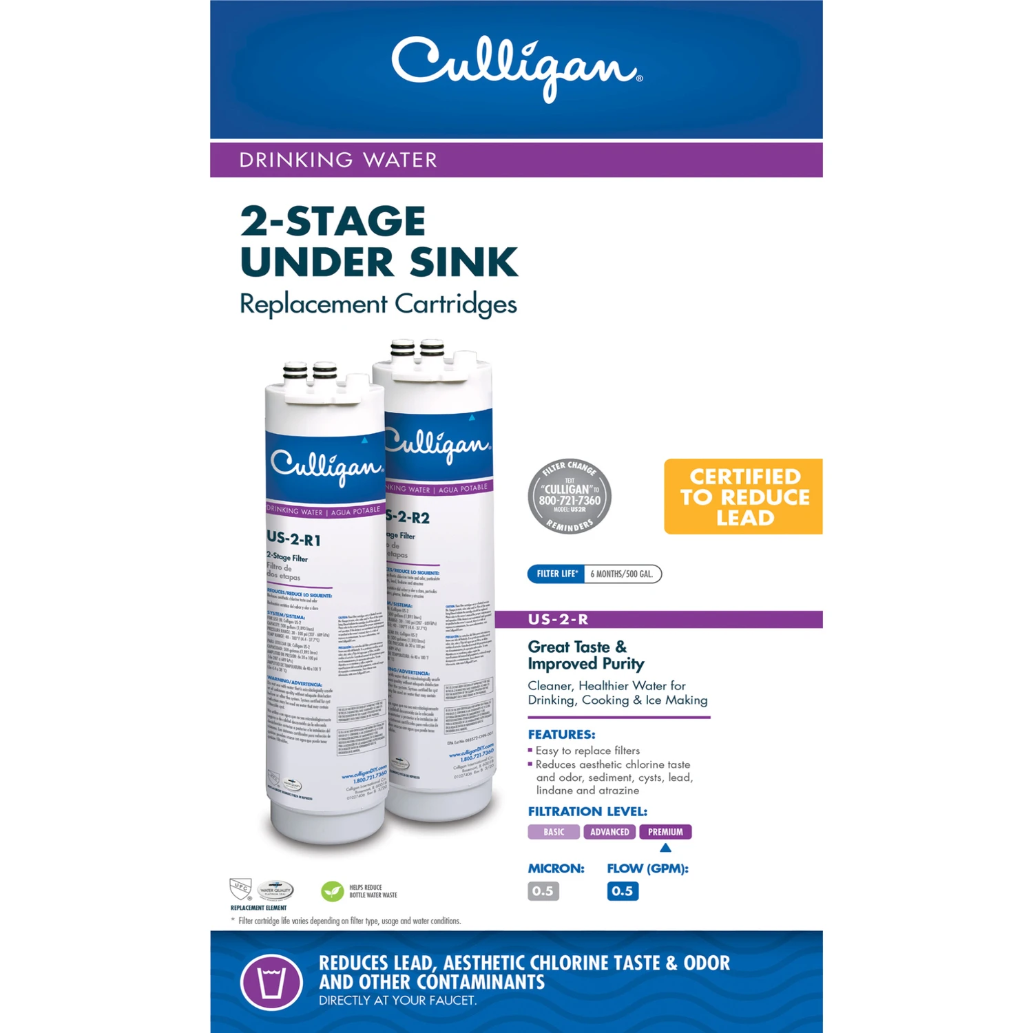 2 Stage Under Sink Replacement Water Filter, Model Us-2-r, 500 Gallon Capacity