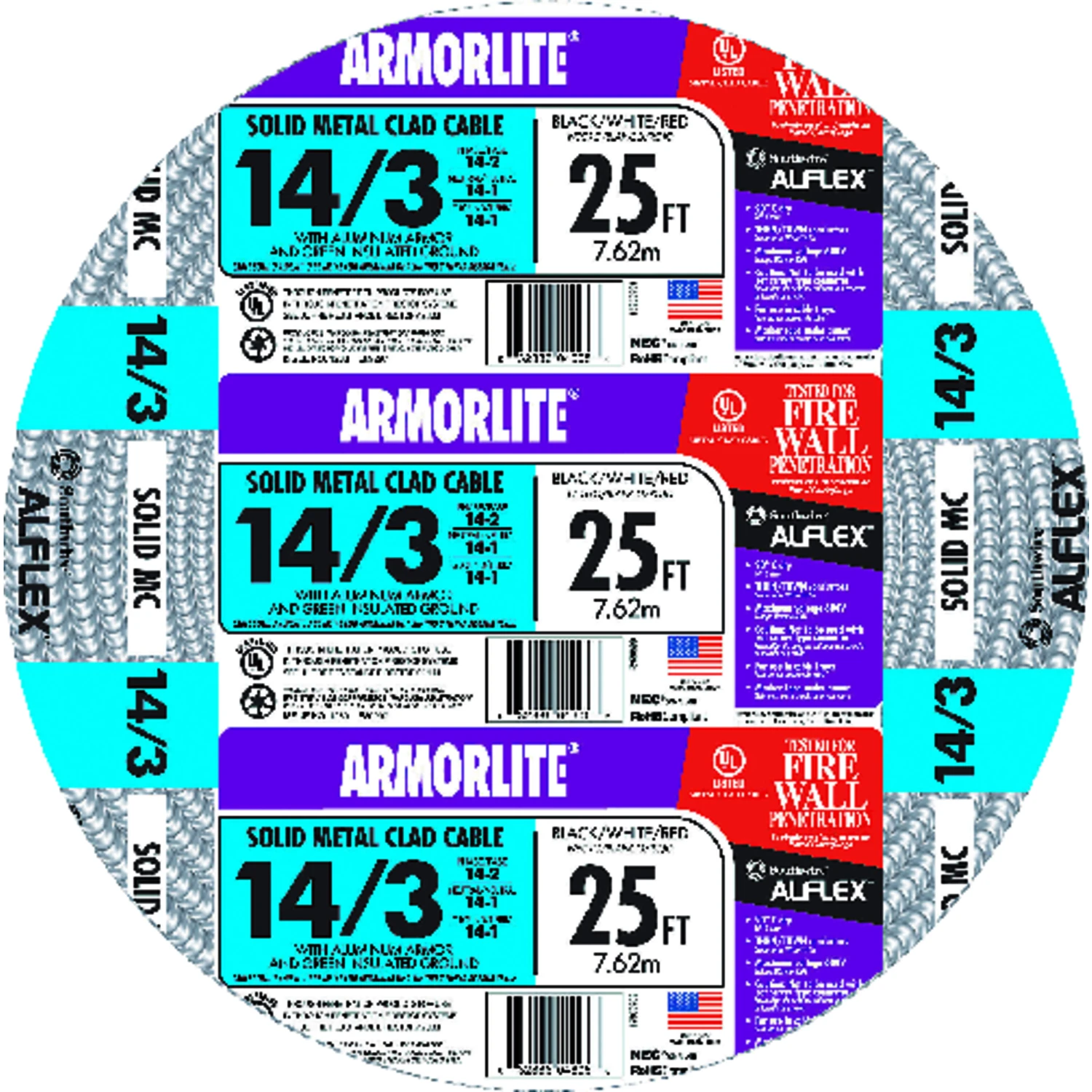 25 Ft. 14/3 Armored Mc Electrical Cable With Ground Wire