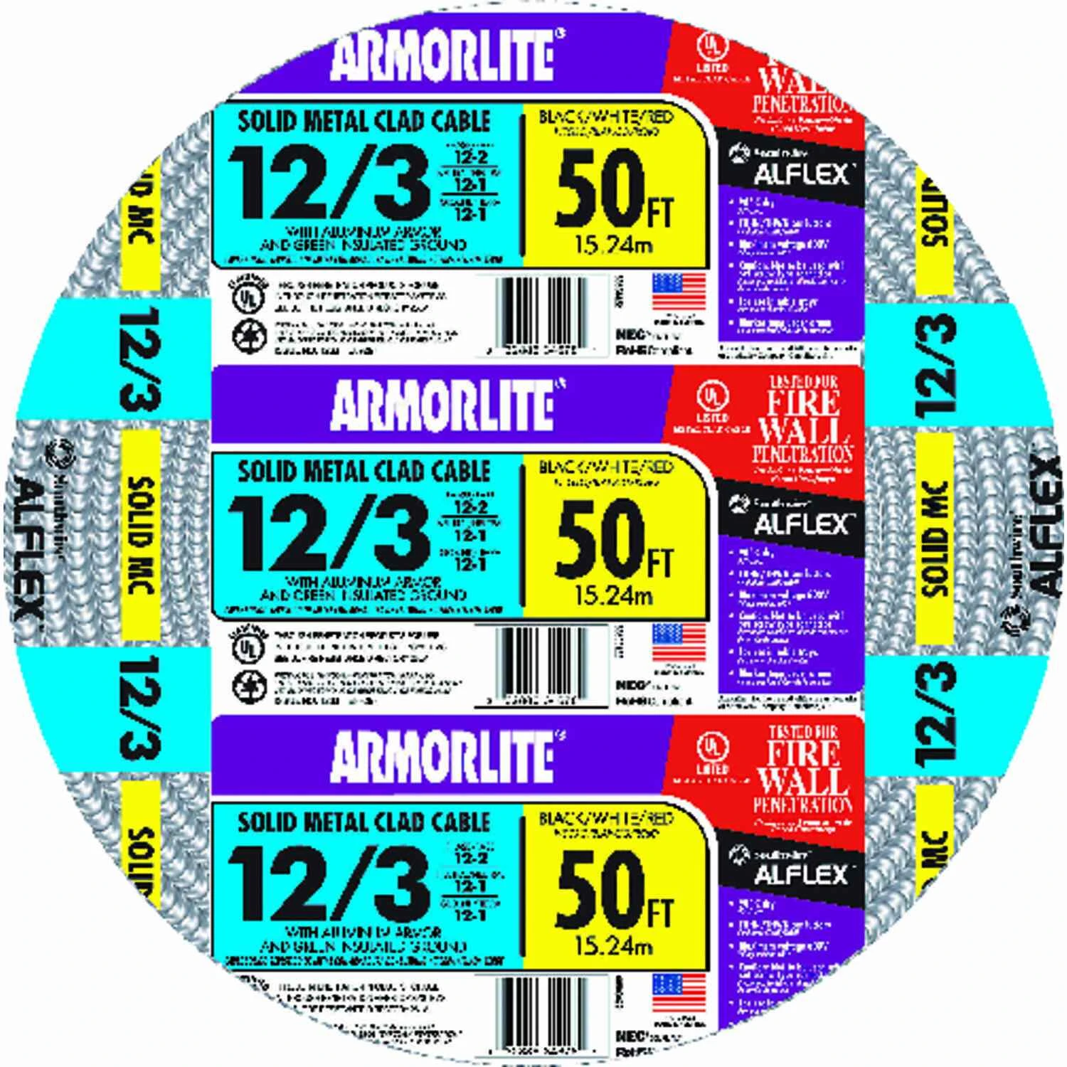 50 Ft. 12/3 Solid Aluminum Armored Mc Cable - Ul Listed