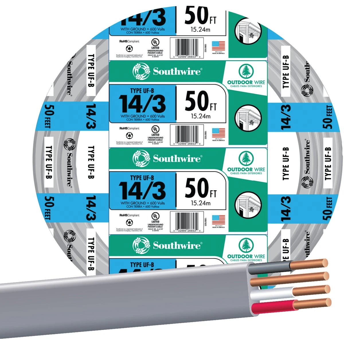 50 Ft. 14 Awg 3-conductor Uf-b Electrical Wire For Indoor And Outdoor Use
