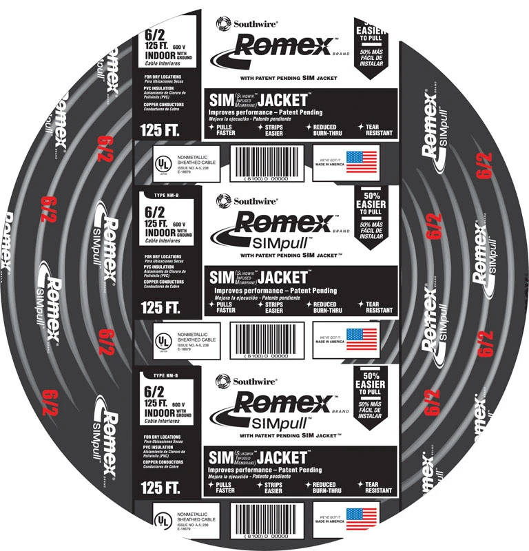 125 Ft. 6/2 Solid Black Nmw/g Electrical Wire - Ul Listed