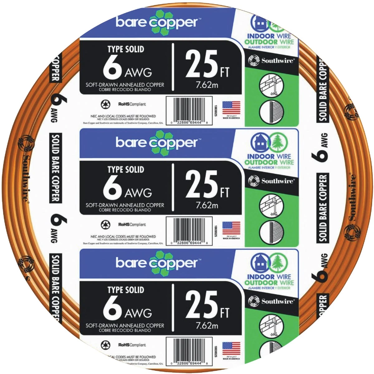 25 Ft. 6awg Solid Bare Copper Ground Electrical Wire