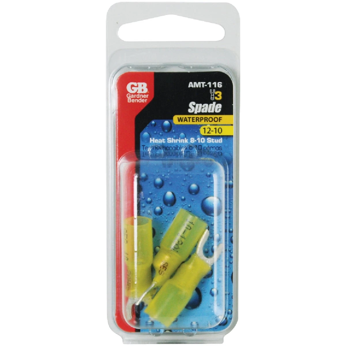 Nylon Insulated Spade Terminals, 12-10 AWG, Yellow, 8 Stud, 3-Pk.