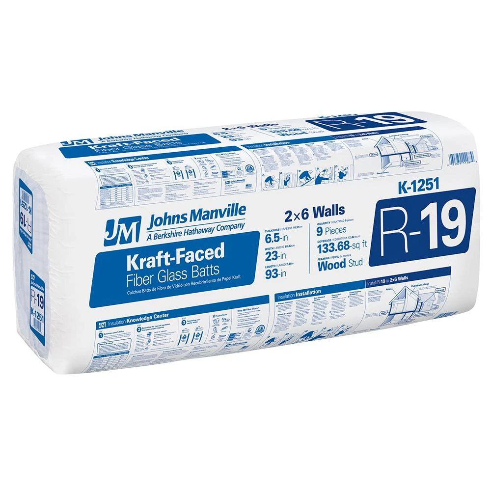 R19 Kraft Batt Fiberglass Insulation, 133.68 Sq. Ft. Coverage, 6.5 x 23 x 93-In.