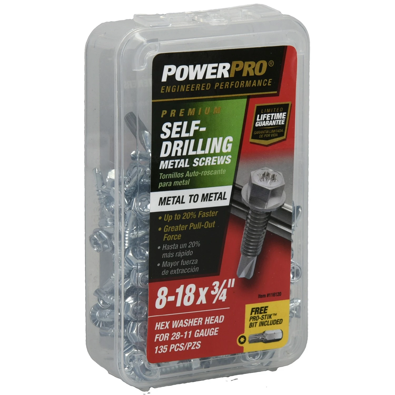 Powerpro Metal Screws, Self-Drilling, Hex Washer Head, #8-18 x 3/4 In., 135-Ct.