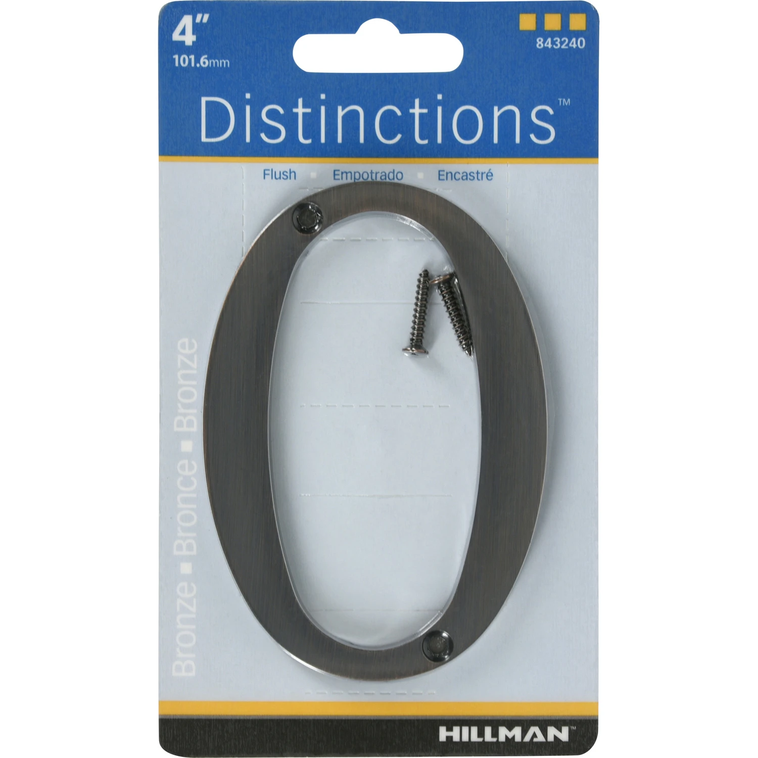 Distinctions House Address Number Zero, Flush Mount, Screw-In, Bronze Zinc, Four Inch