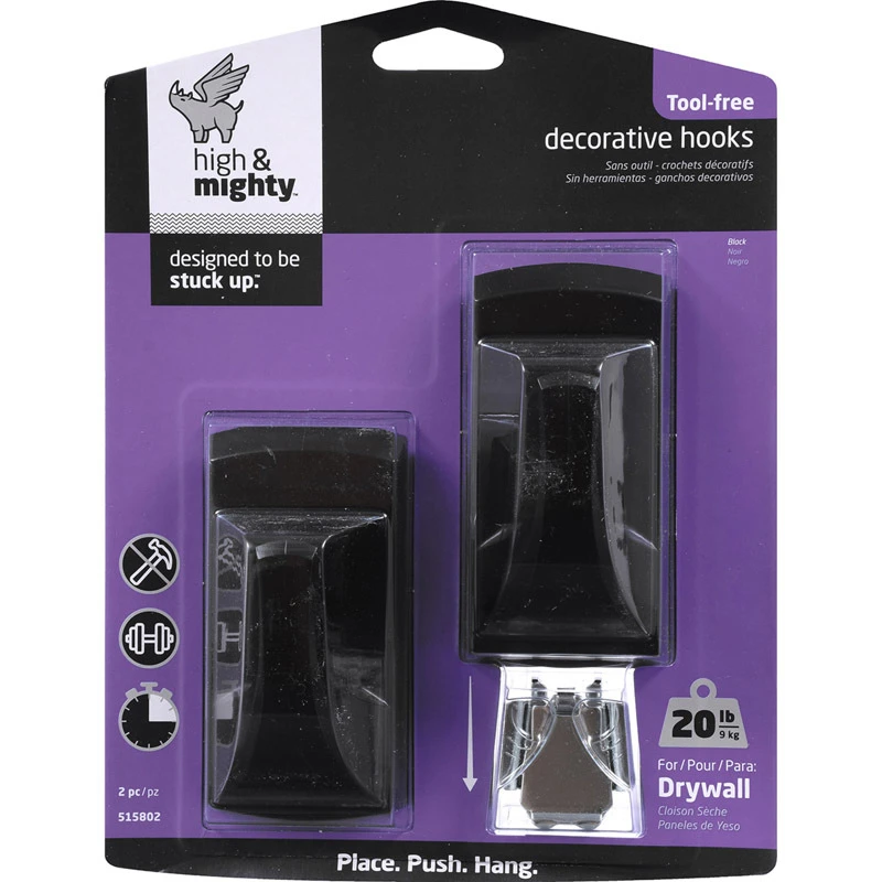 2-Pc. Plastic Hook, Black, Holds 20-Lbs.