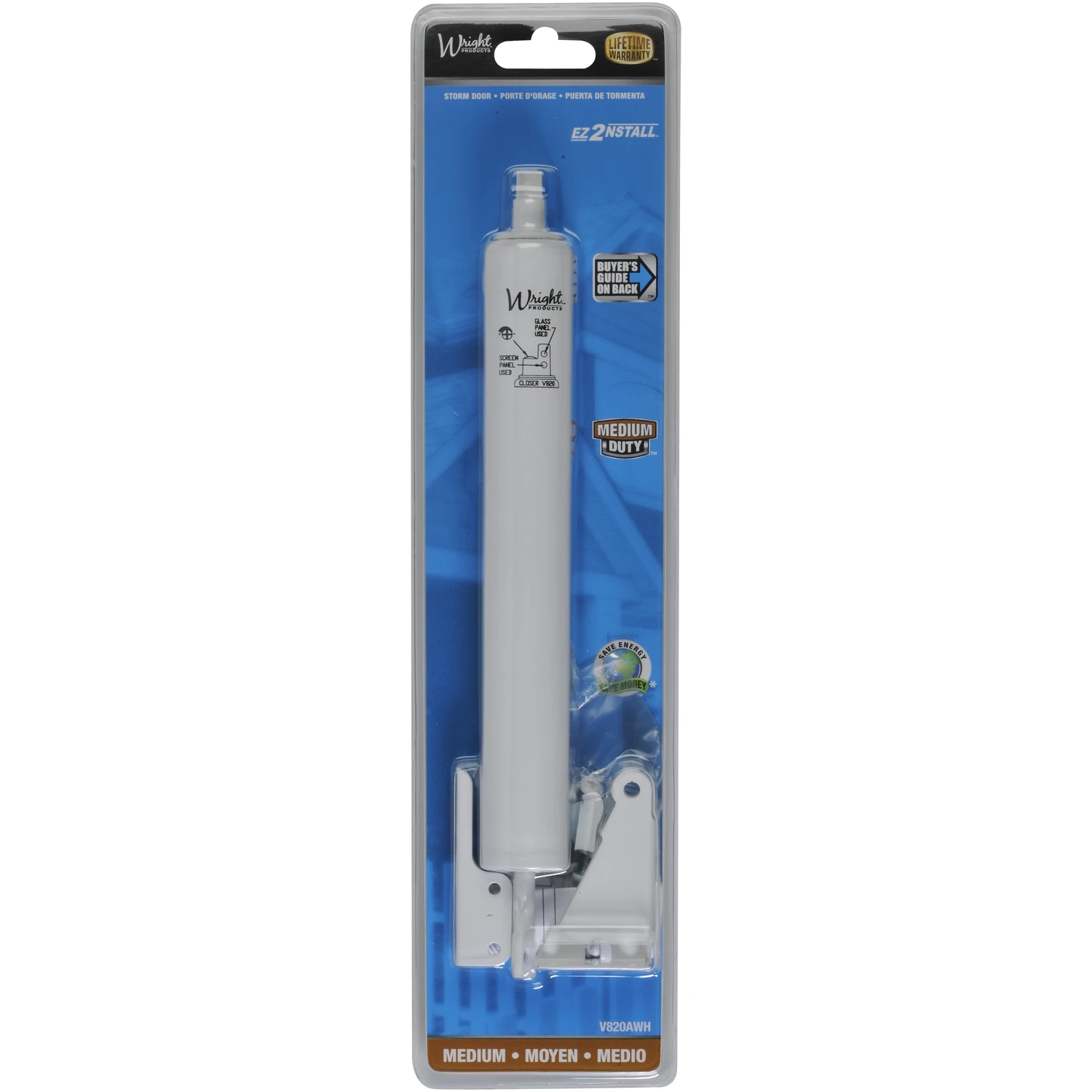Pneumatic Screen and Storm Door Closer, Adjustable, White Finish