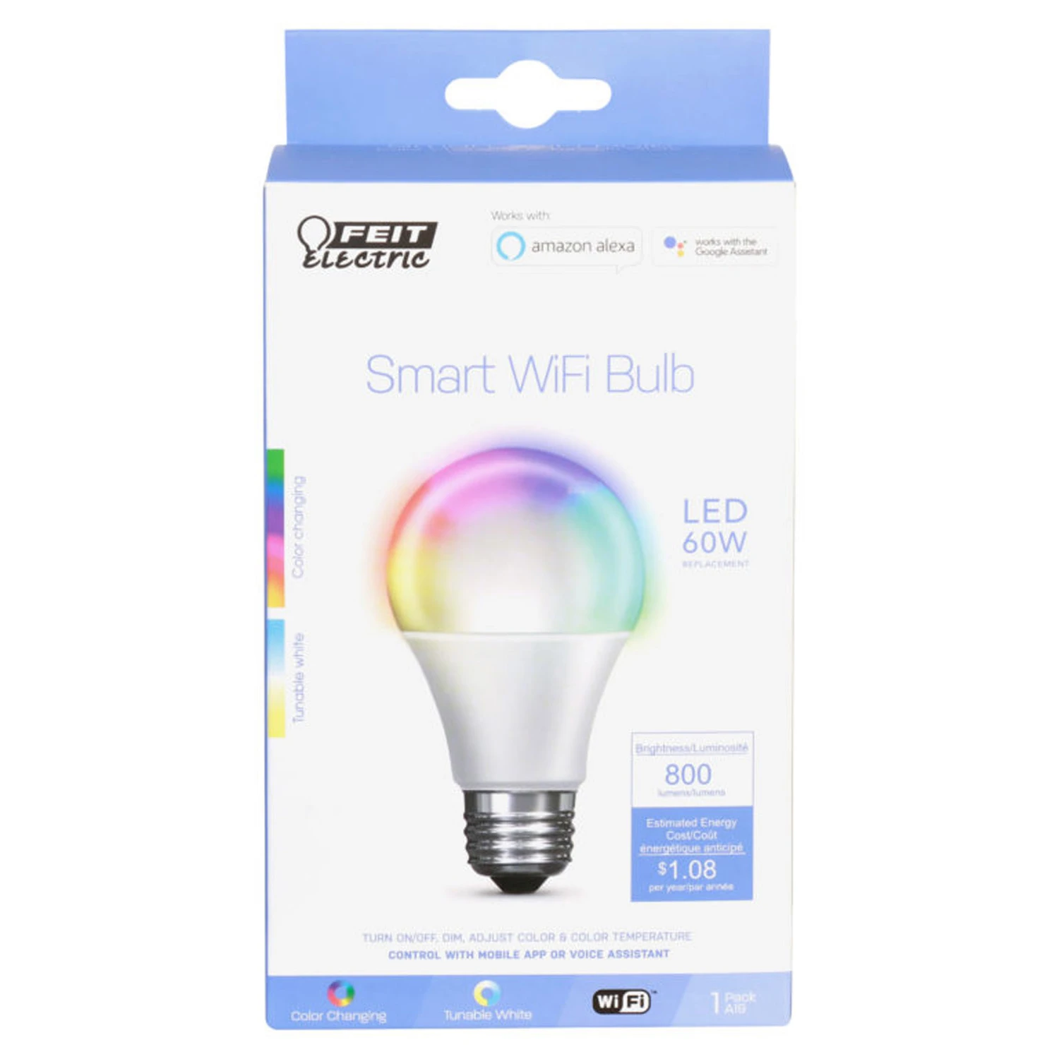 FEIT Electric A19 E26 (Medium) Smart WiFi LED Bulb Color Changing 60 Watt Equivalence 1 pk