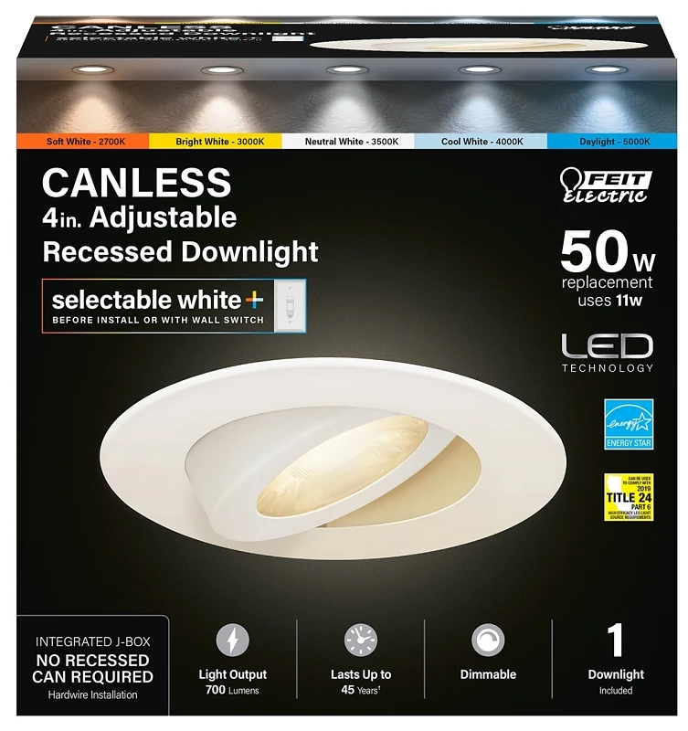 LED Recessed Adjustable-Angle Downlight, Selectable Color Temperature, Tethered J-Box, White, 11 Watts, 4 In.