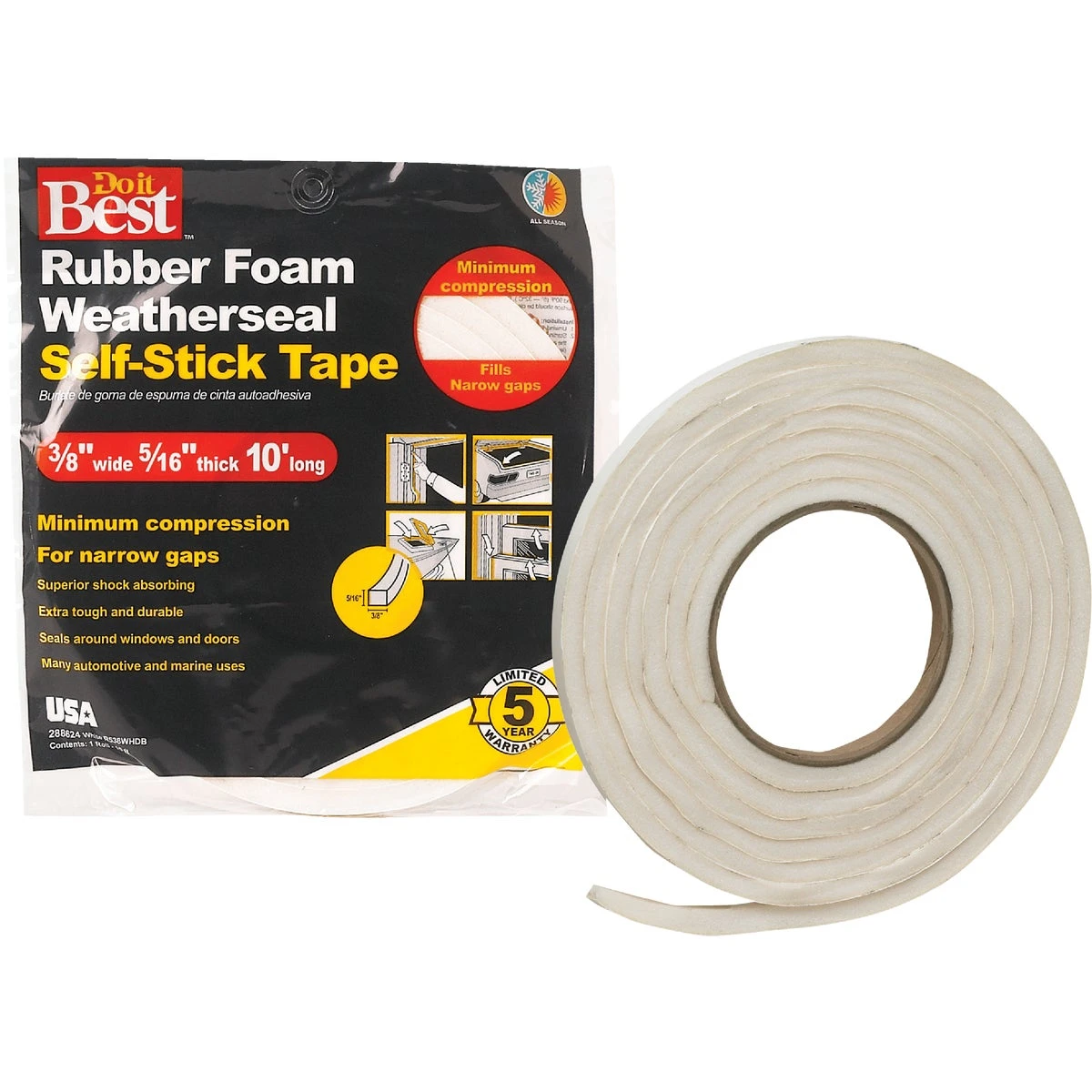3/8" W X 5/16" T X 10' L White Foam Weatherstrip Tape R538whdb