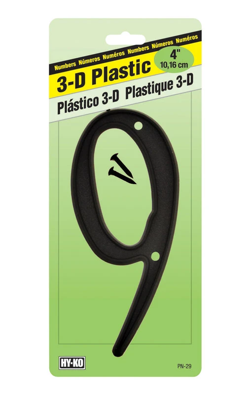 4 In. Black Plastic House Number Nine - Durable Weather-resistant Design