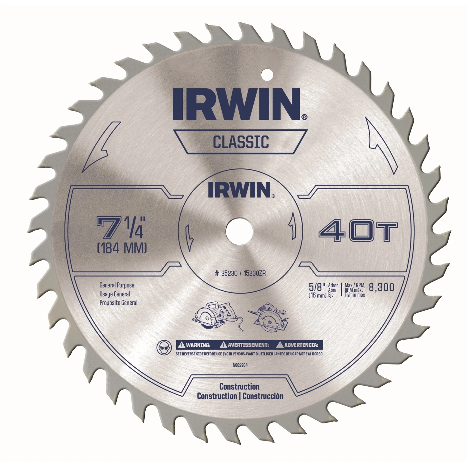 Irwin 15230ZR Circular Saw Blade, 7-1/4 in Dia, 5/8 in Arbor, 40-Teeth, Carbide Cutting Edge