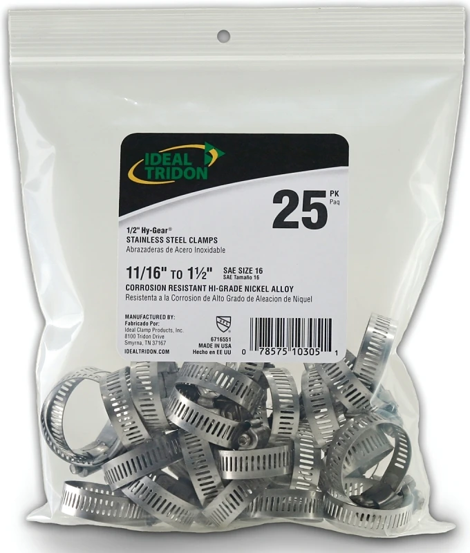 Hose Clamp, Stainless Steel, Size 16, 11/16 to 1-1/2 In., 25-Pk.