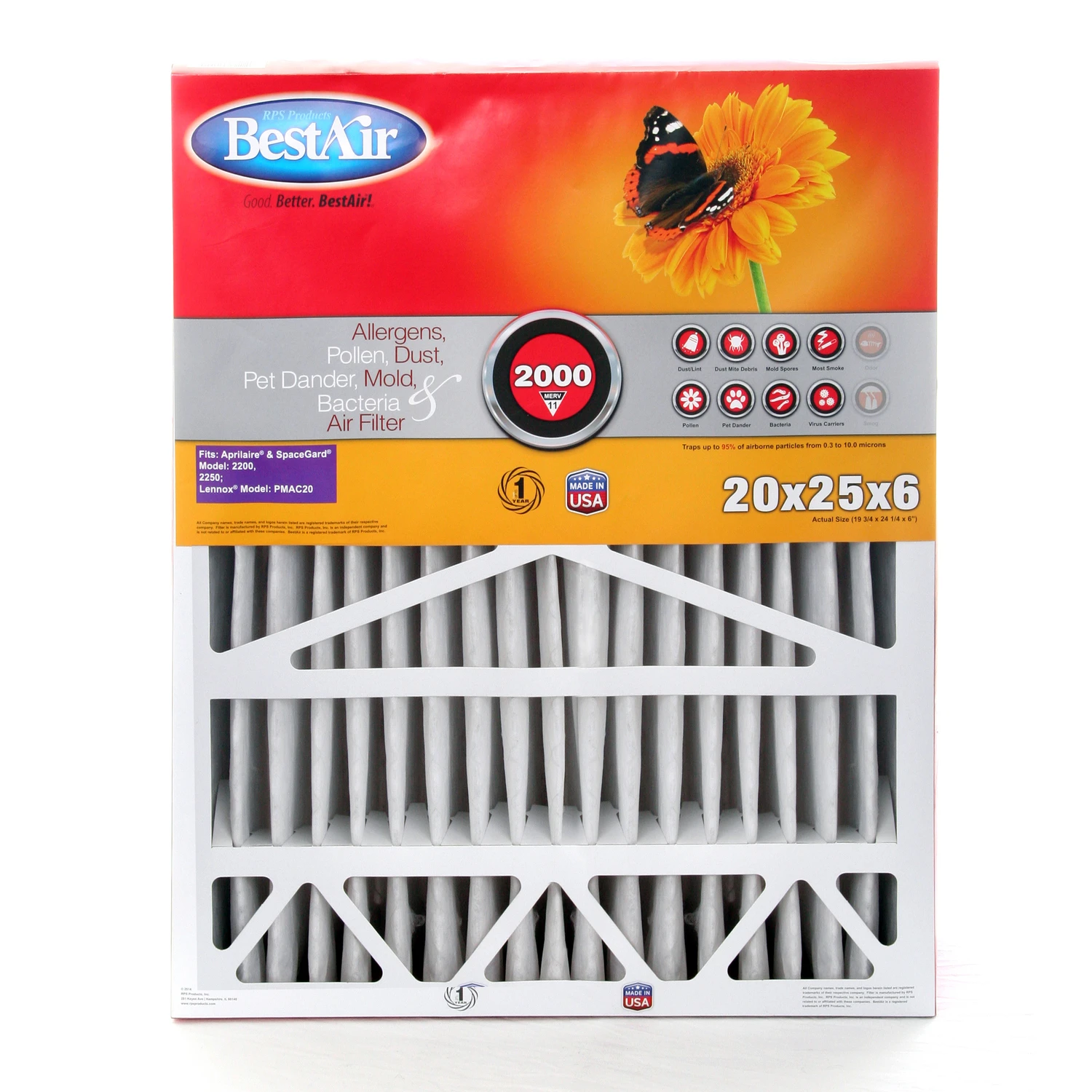 20x25x6 In. Merv 11 Pleated Air Filter, Cardboard Frame, Fits Spacegard 2200/2250