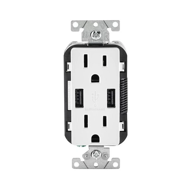 Leviton Decora 3.6A 5V White 2-Port USB Charging Outlet with 5-15R Tamper Resistant Duplex Outlet
